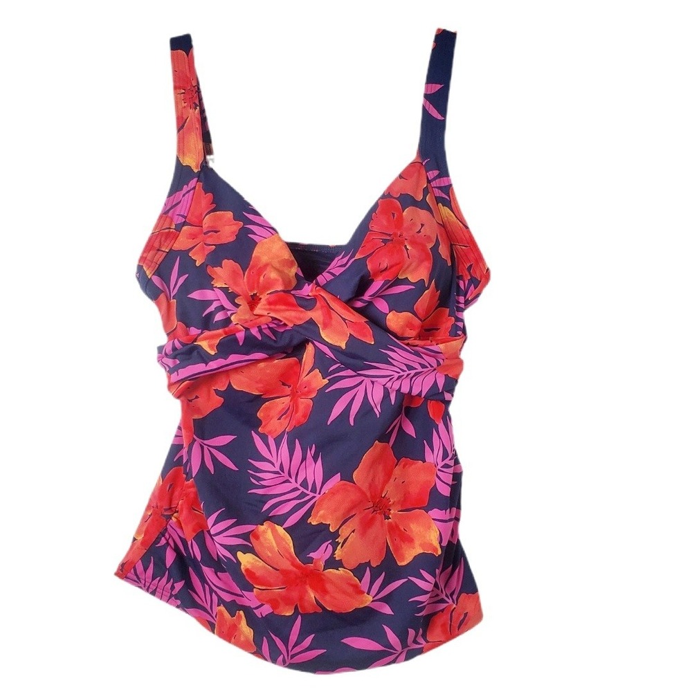 Lands' End Womens 10P Tropical Floral Twist Front Tankini‎ Top Navy Pink Orange
